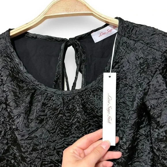 NWT Lisa Says Gah Gwen Black Crinkle Puff Sleeve Open Back Midi Dress Size 3X - Picture 10 of 14